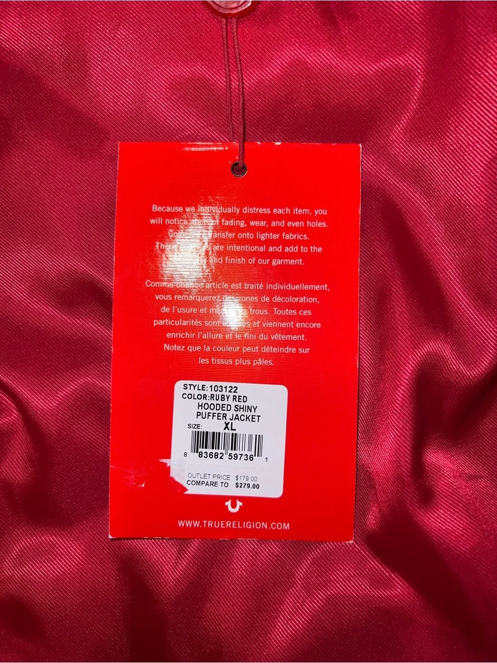 True Religion Red Satin-Look Jacket Interior with Branded Tag